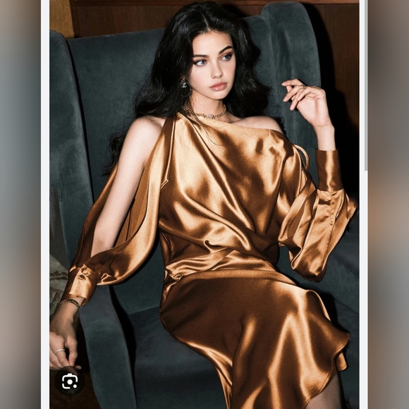 Satin Asymmetrical Cold Shoulder Tie Blouse - Picture 12 of 12